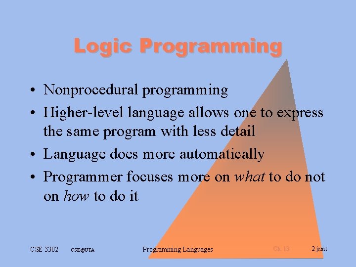 Logic Programming • Nonprocedural programming • Higher-level language allows one to express the same Logic Programming • Nonprocedural programming • Higher-level language allows one to express the same