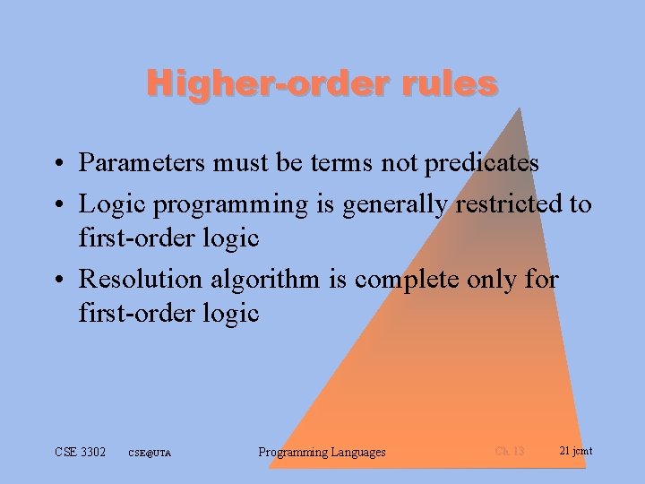 Higher-order rules • Parameters must be terms not predicates • Logic programming is generally Higher-order rules • Parameters must be terms not predicates • Logic programming is generally