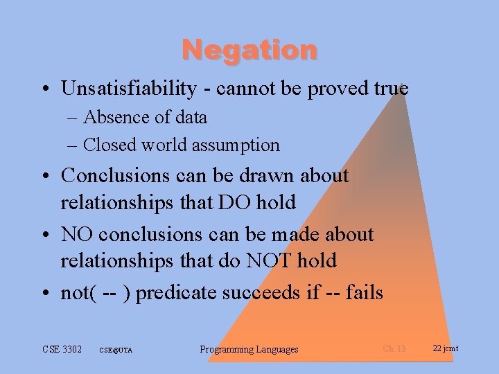 Negation • Unsatisfiability - cannot be proved true – Absence of data – Closed Negation • Unsatisfiability - cannot be proved true – Absence of data – Closed