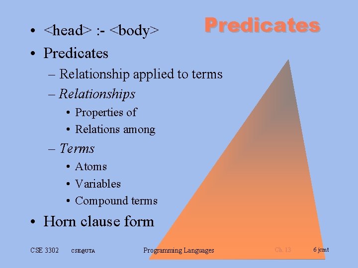 • <head> : - <body> • Predicates – Relationship applied to terms – • <head> : - <body> • Predicates – Relationship applied to terms –