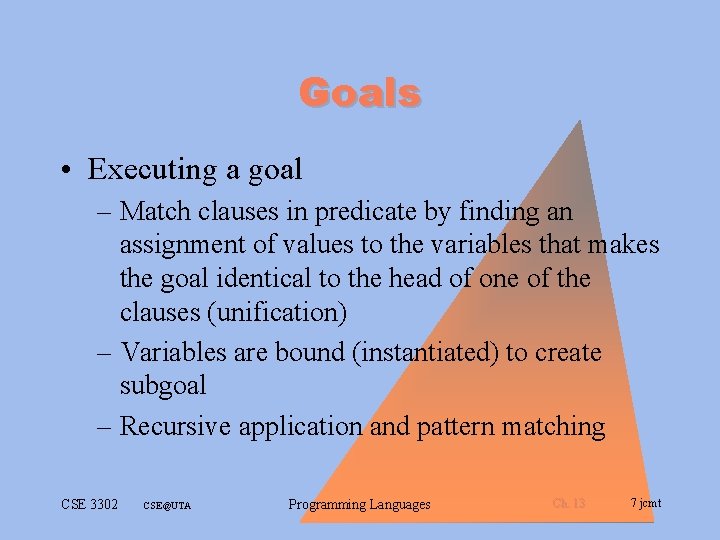 Goals • Executing a goal – Match clauses in predicate by finding an assignment Goals • Executing a goal – Match clauses in predicate by finding an assignment