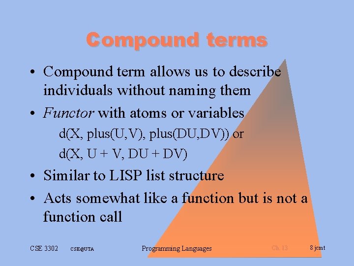 Compound terms • Compound term allows us to describe individuals without naming them • Compound terms • Compound term allows us to describe individuals without naming them •