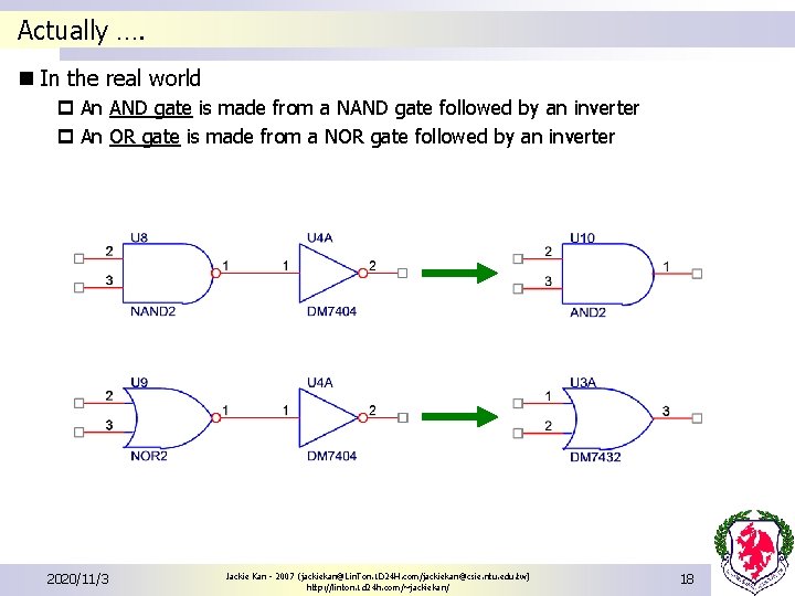 Actually …. n In the real world p An AND gate is made from Actually …. n In the real world p An AND gate is made from