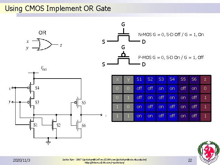 Using CMOS Implement OR Gate G N-MOS G = 0, S-D Off / G Using CMOS Implement OR Gate G N-MOS G = 0, S-D Off / G