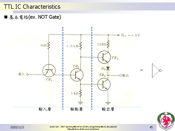 TTL IC Characteristics n 基本電路(ex. NOT Gate) = 輸入層 2020/11/3 驅動層 輸出層 Jackie Kan TTL IC Characteristics n 基本電路(ex. NOT Gate) = 輸入層 2020/11/3 驅動層 輸出層 Jackie Kan
