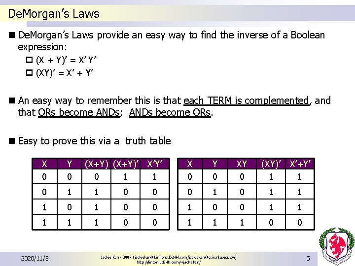 De. Morgan’s Laws n De. Morgan’s Laws provide an easy way to find the De. Morgan’s Laws n De. Morgan’s Laws provide an easy way to find the