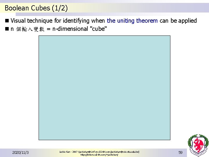 Boolean Cubes (1/2) n Visual technique for identifying when the uniting theorem can be Boolean Cubes (1/2) n Visual technique for identifying when the uniting theorem can be