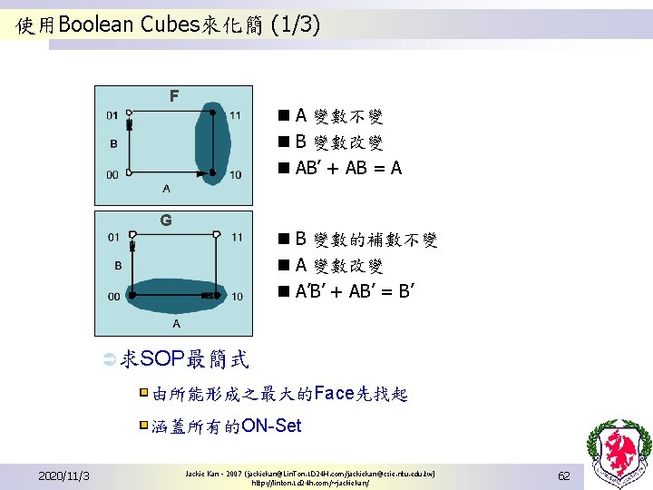 使用Boolean Cubes來化簡 (1/3) F n A 變數不變 n B 變數改變 n AB’ + AB 使用Boolean Cubes來化簡 (1/3) F n A 變數不變 n B 變數改變 n AB’ + AB