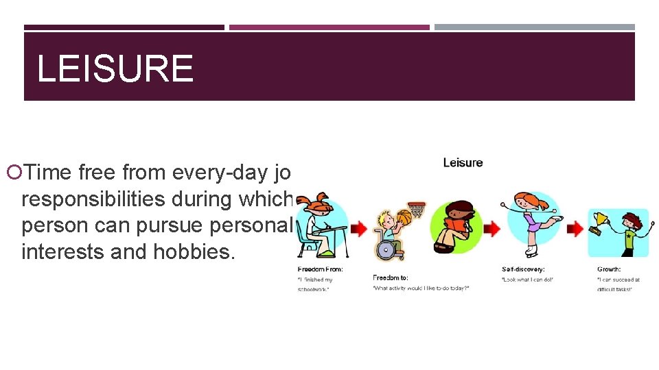 LEISURE Time free from every-day job responsibilities during which a person can pursue personal