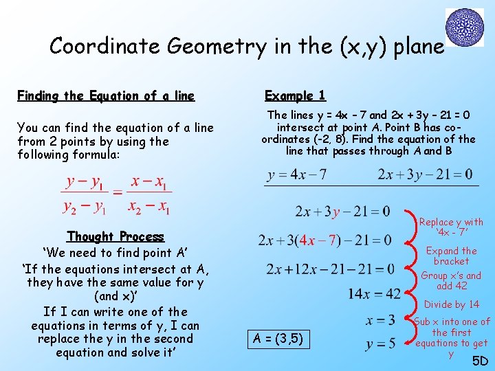 Coordinate Geometry in the (x, y) plane Finding the Equation of a line Example Coordinate Geometry in the (x, y) plane Finding the Equation of a line Example