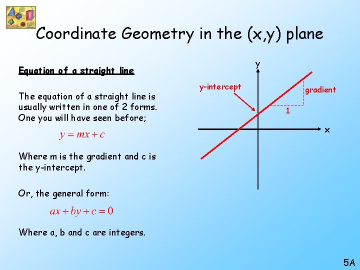 Coordinate Geometry in the (x, y) plane y Equation of a straight line The Coordinate Geometry in the (x, y) plane y Equation of a straight line The