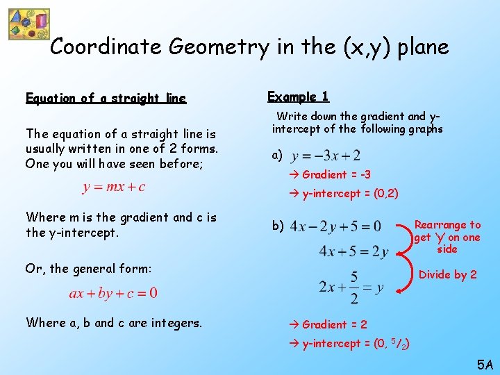 Coordinate Geometry in the (x, y) plane Equation of a straight line The equation Coordinate Geometry in the (x, y) plane Equation of a straight line The equation