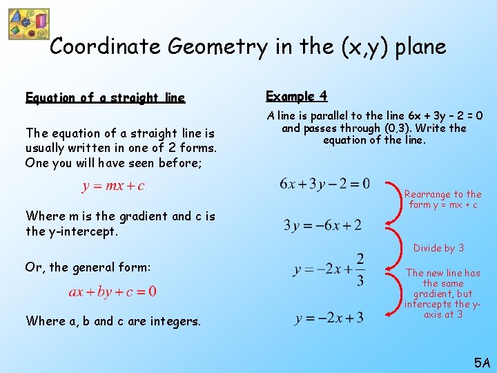 Coordinate Geometry in the (x, y) plane Equation of a straight line The equation Coordinate Geometry in the (x, y) plane Equation of a straight line The equation