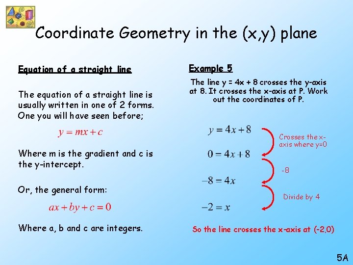 Coordinate Geometry in the (x, y) plane Equation of a straight line The equation Coordinate Geometry in the (x, y) plane Equation of a straight line The equation