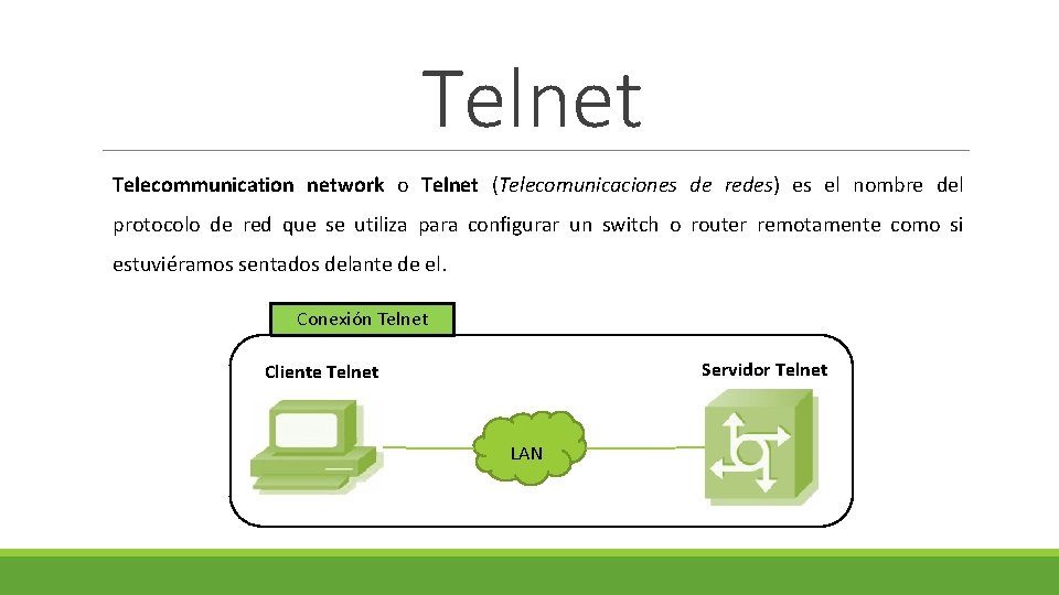 Telnet Telecommunication network o Telnet (Telecomunicaciones de redes) es el nombre del protocolo de