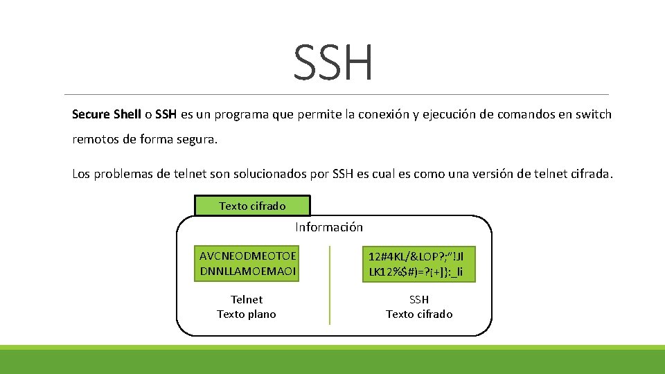 SSH Secure Shell o SSH es un programa que permite la conexión y ejecución