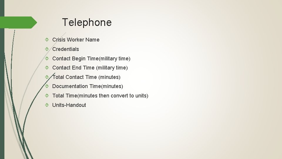 Telephone Crisis Worker Name Credentials Contact Begin Time(military time) Contact End Time (military time)