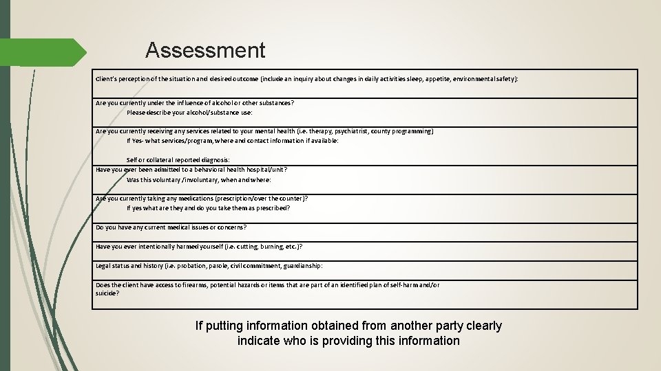 Assessment Client’s perception of the situation and desired outcome (include an inquiry about changes