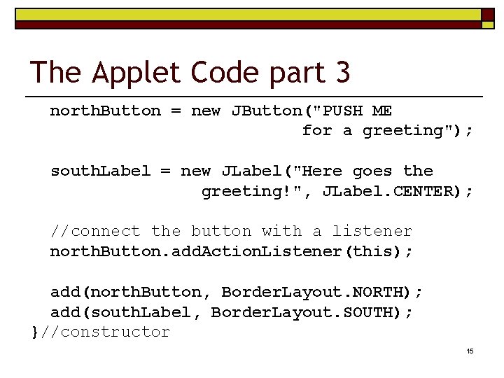 The Applet Code part 3 north. Button = new JButton("PUSH ME for a greeting");