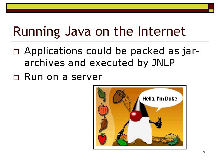 Running Java on the Internet o o Applications could be packed as jararchives and