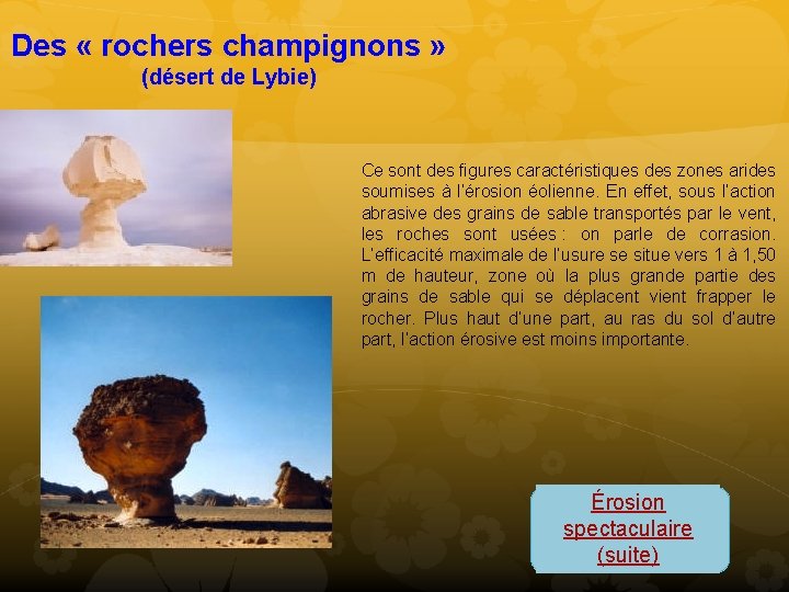 Des « rochers champignons » (désert de Lybie) Ce sont des figures caractéristiques des