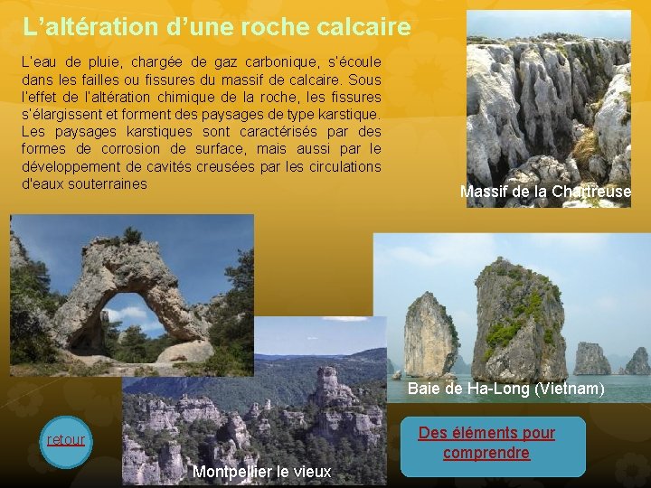 L’altération d’une roche calcaire L’eau de pluie, chargée de gaz carbonique, s’écoule dans les