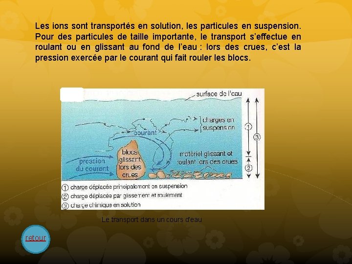 Les ions sont transportés en solution, les particules en suspension. Pour des particules de