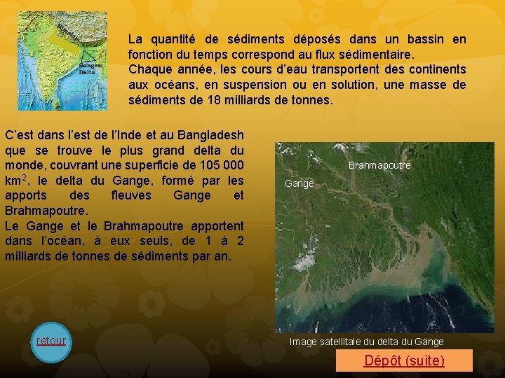 La quantité de sédiments déposés dans un bassin en fonction du temps correspond au