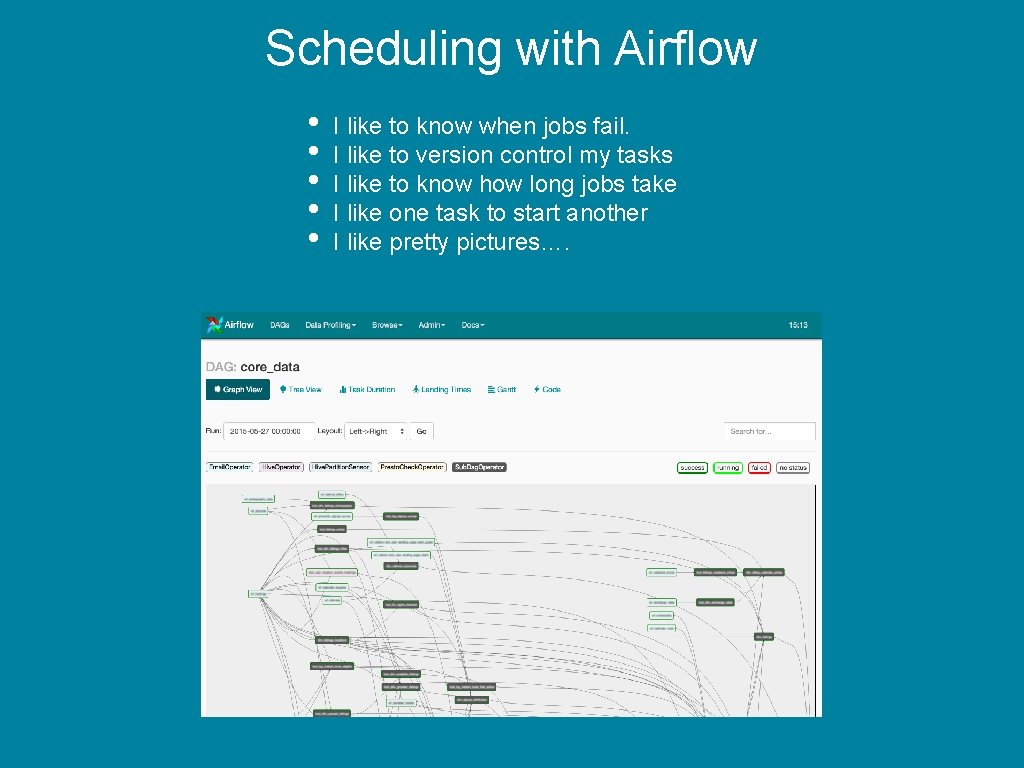 Scheduling with Airflow • • • I like to know when jobs fail. I