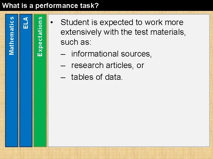 Expectations ELA Mathematics What is a performance task? • Student is expected to work
