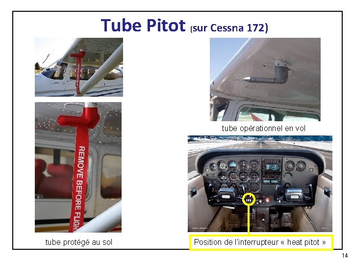 Tube Pitot (sur Cessna 172) tube opérationnel en vol tube protégé au sol Position