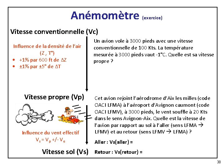 Anémomètre (exercice) Vitesse conventionnelle (Vc) Influence de la densité de l’air (Z , T°)