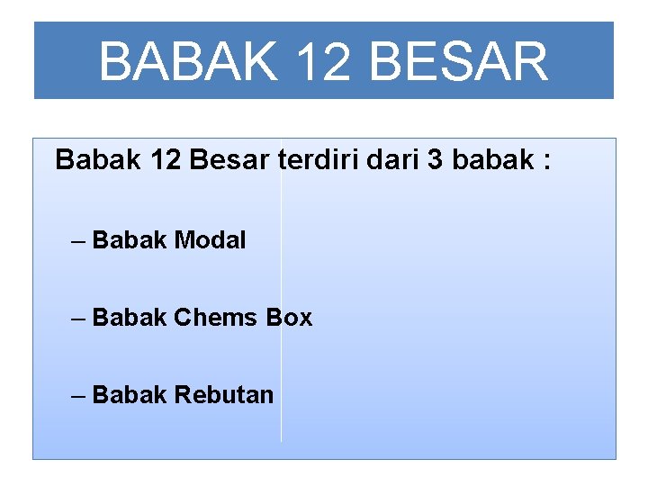 BABAK 12 BESAR Babak 12 Besar terdiri dari 3 babak : – Babak Modal