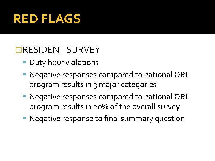 RED FLAGS �RESIDENT SURVEY Duty hour violations Negative responses compared to national ORL program