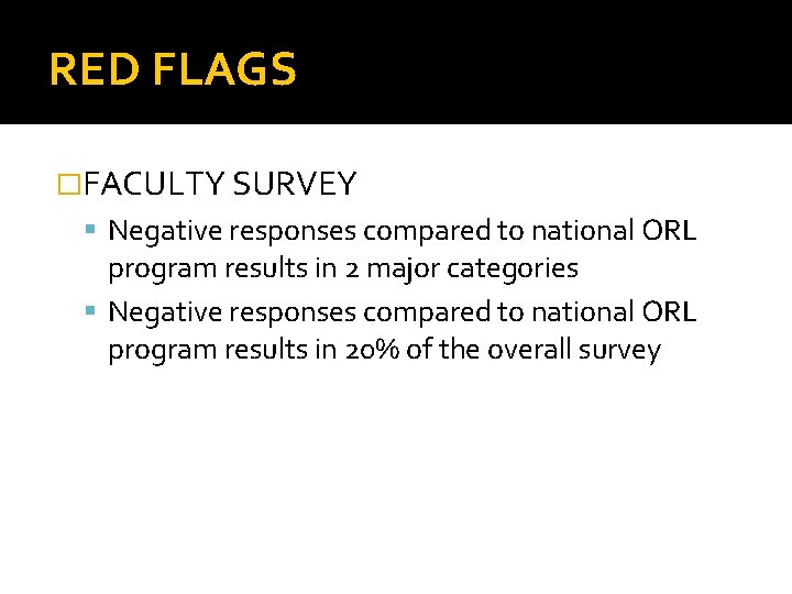 RED FLAGS �FACULTY SURVEY Negative responses compared to national ORL program results in 2