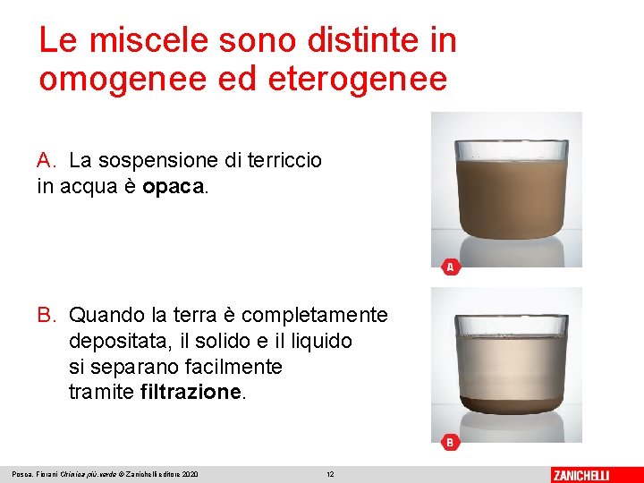 Le miscele sono distinte in omogenee ed eterogenee A. La sospensione di terriccio in