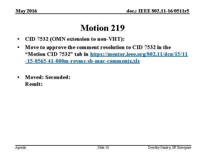 May 2016 doc. : IEEE 802. 11 -16/0511 r 5 Motion 219 • CID