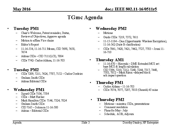 May 2016 doc. : IEEE 802. 11 -16/0511 r 5 TGmc Agenda • •