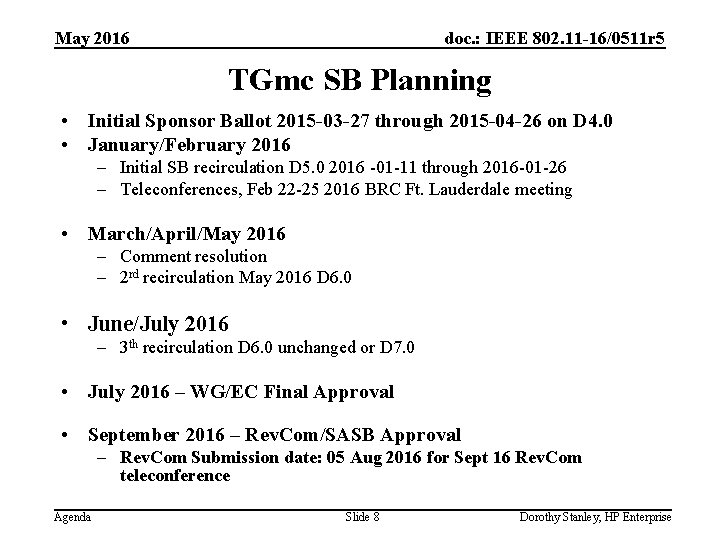 May 2016 doc. : IEEE 802. 11 -16/0511 r 5 TGmc SB Planning •