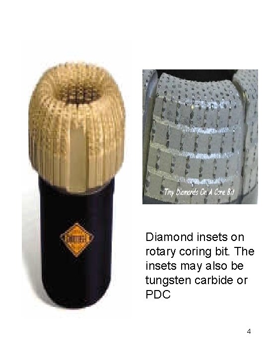 Diamond insets on rotary coring bit. The insets may also be tungsten carbide or