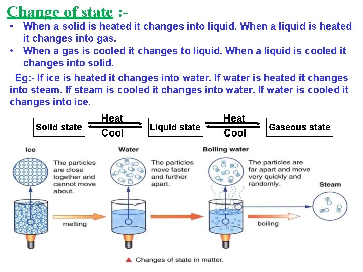 Change of state : • When a solid is heated it changes into liquid.