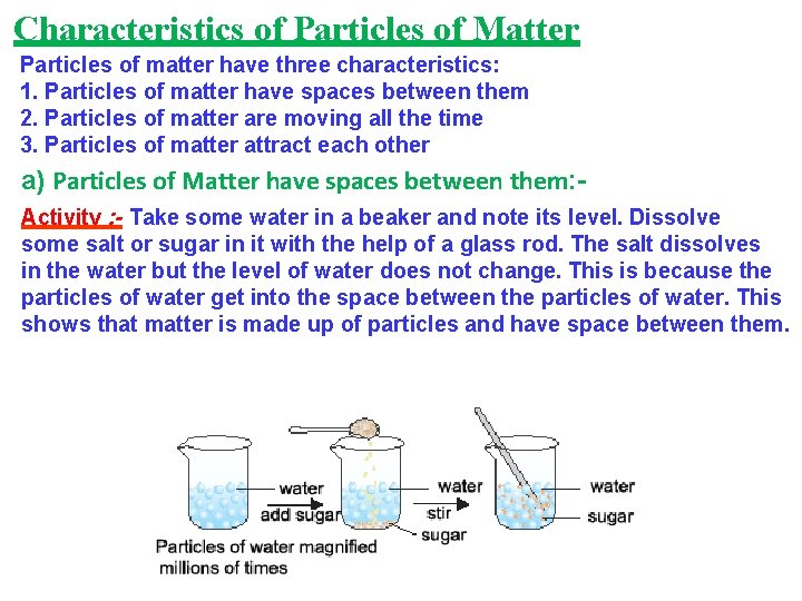 Characteristics of Particles of Matter Particles of matter have three characteristics: 1. Particles of