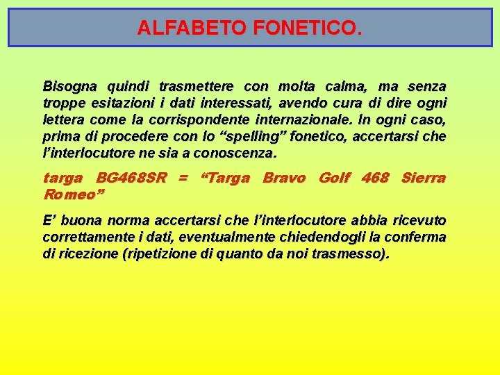 ALFABETO FONETICO. Bisogna quindi trasmettere con molta calma, ma senza troppe esitazioni i dati