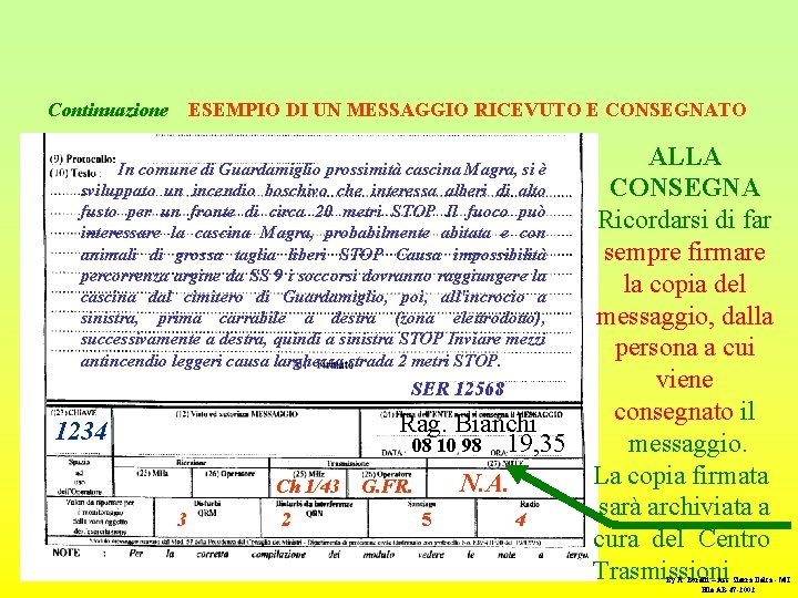 Continuazione ESEMPIO DI UN MESSAGGIO RICEVUTO E CONSEGNATO ALLA CONSEGNA Ricordarsi di far sempre