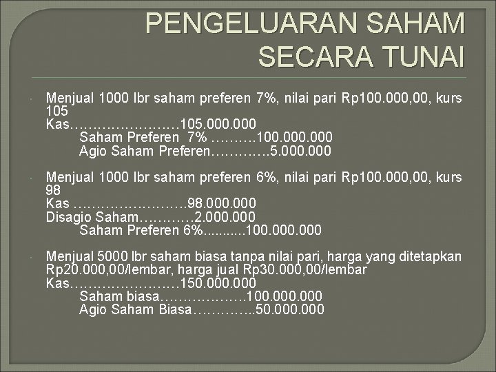 PENGELUARAN SAHAM SECARA TUNAI Menjual 1000 lbr saham preferen 7%, nilai pari Rp 100.