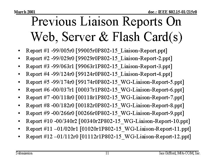 March 2001 doc. : IEEE 802. 15 -01/215 r 0 Previous Liaison Reports On