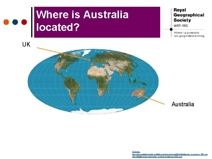 Where is Australia located? UK Australia Sources: http: //upload. wikimedia. org/wikipedia/commons/9/9 e/Mollweide_projection_SW. jpg http: