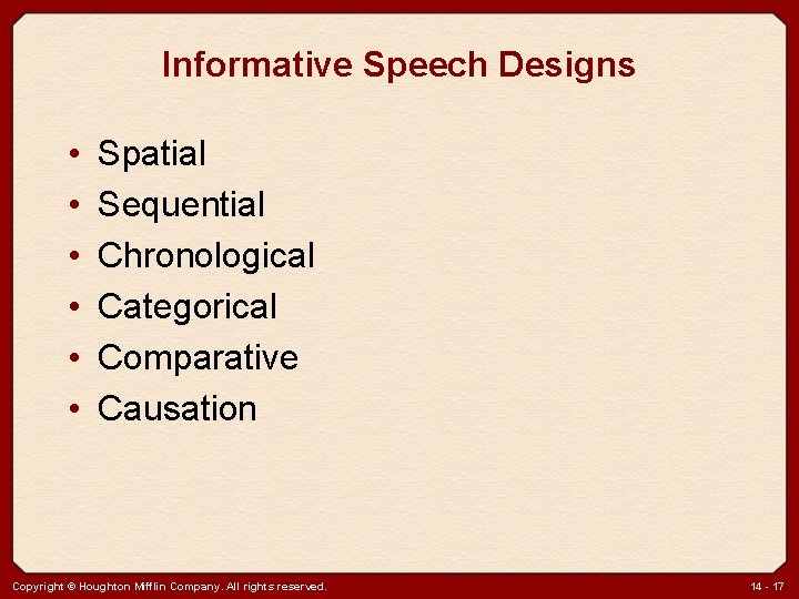 Informative Speech Designs • • • Spatial Sequential Chronological Categorical Comparative Causation Copyright ©