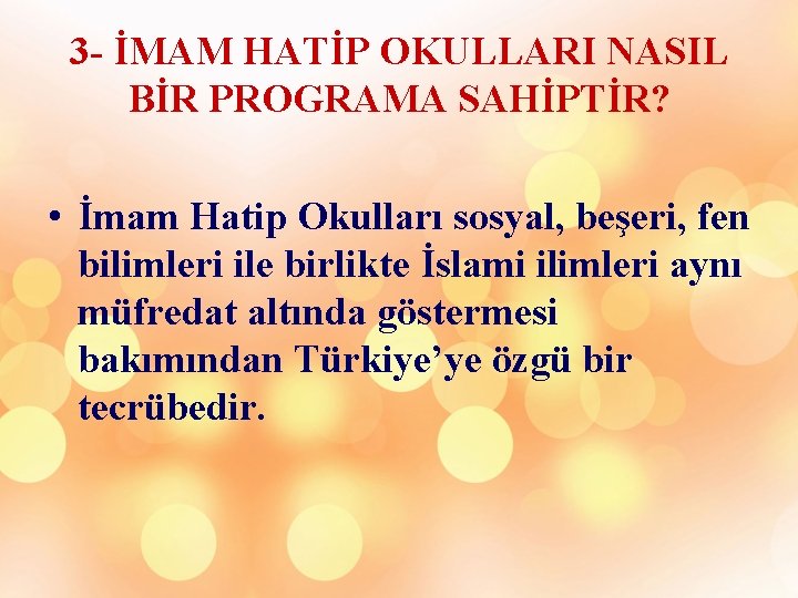 3 - İMAM HATİP OKULLARI NASIL BİR PROGRAMA SAHİPTİR? • İmam Hatip Okulları sosyal,