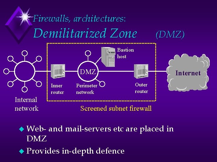 Firewalls, architectures: Demilitarized Zone (DMZ) Bastion host DMZ Inner router Internal network u Web-